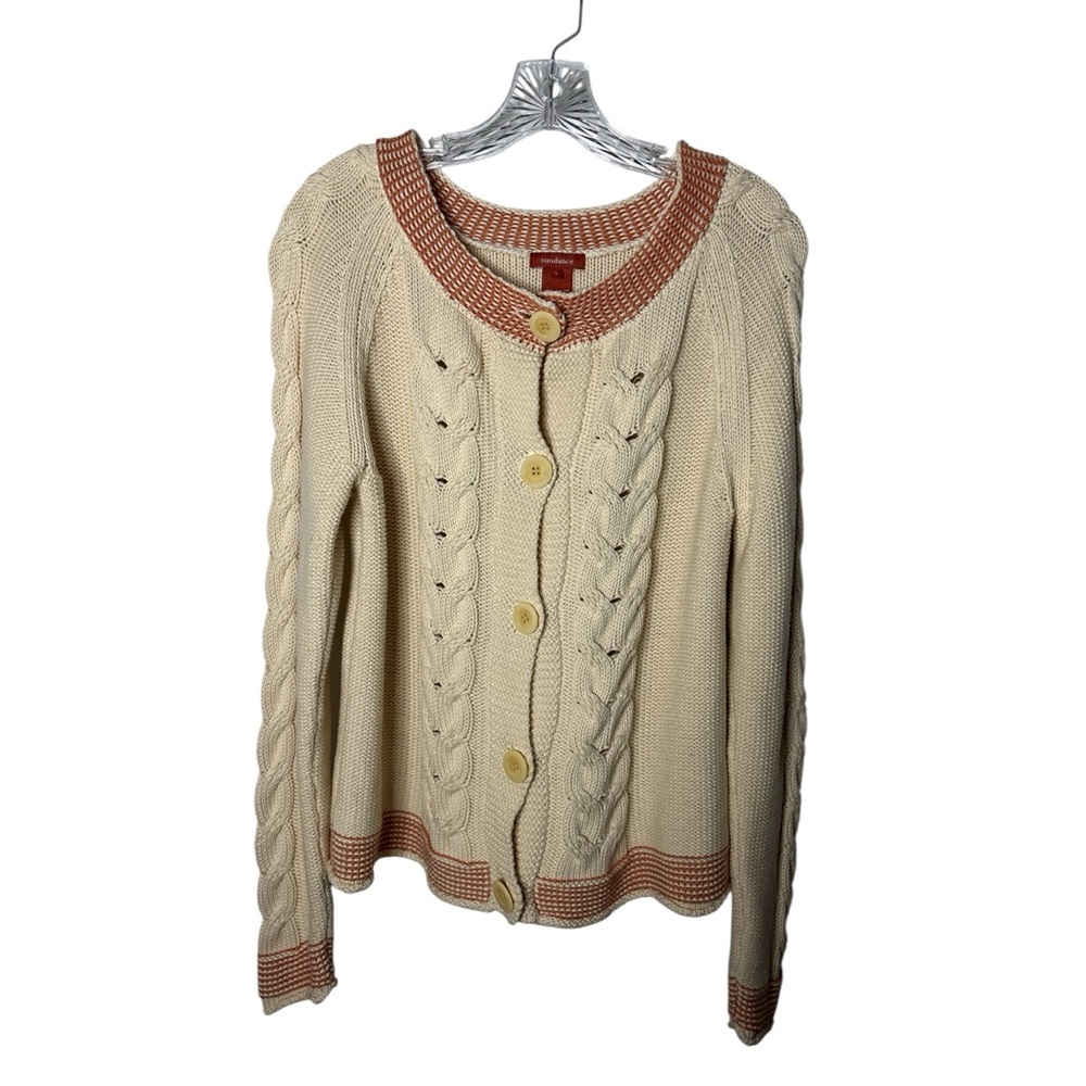 Sundance Cable Knit Cardigan Sweater Cream/Carmel Brown Trim Sz L EUC